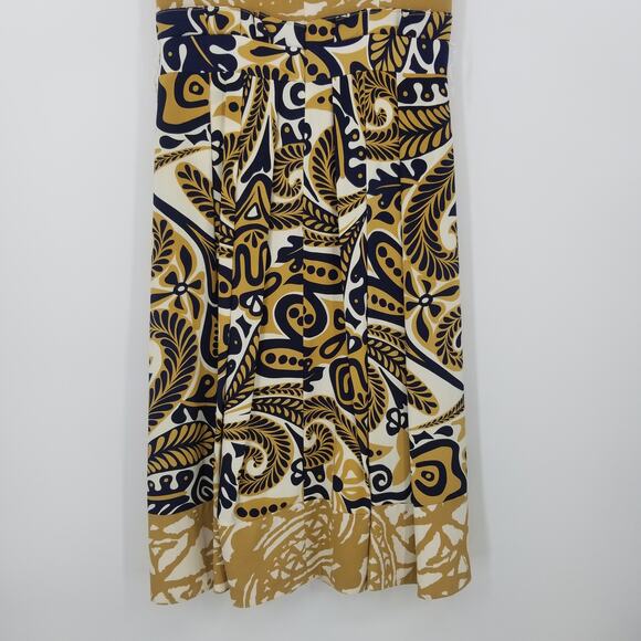 Kay Unger Silk Abstract Paisley Dress 2 A Line Sleeveless V Neck Pleated Navy - Picture 7 of 9